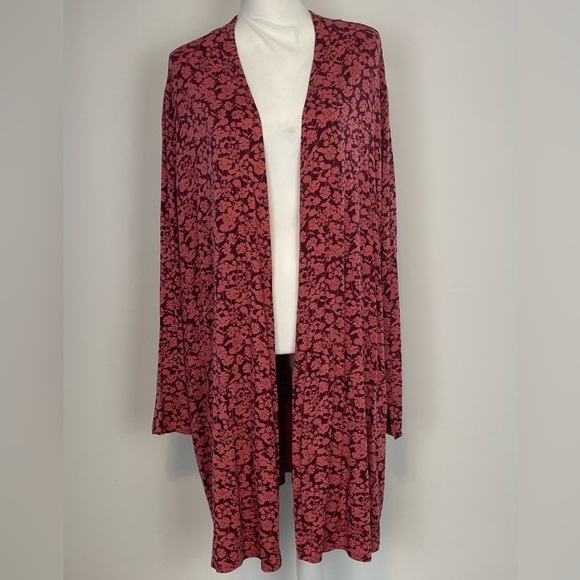 Lands End Red/Pink Floral Midi Length Open Front Cardigan/Sweater. Plus Size 2X - Picture 1 of 12